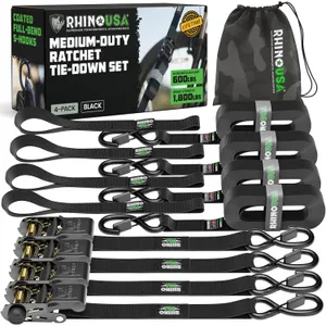 Rhino USA Ratchet Straps Tie Downs (4-Pack) - 1 Inch x 15 Feet (1,823lb Break Strength) - Ultimate Tie Down Straps with Safety S Hooks - for Trucks, Cargo, Moving, Appliances - Black