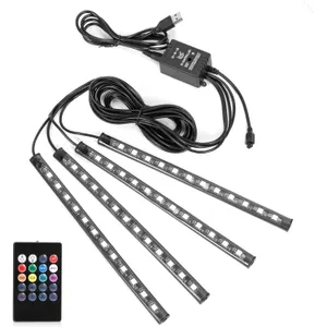 Car LED Strip Lights Christmas, 4Pcs 48 LED Interior Lights, Multicolor Music Car Strip Light Under Dash Lighting Kit with Sound Active Function and Remote Controller, DC 5V