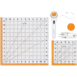 Fiskars Crafts Essentials 5-Piece Set - 45mm Blade Rotary Cutter for Fabric, Self Healing Cutting Mat, and Sewing Ruler - Craft Supplies - White/Gray