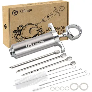 Ofargo Stainless Steel Meat Injector Syringe Kit with 4 Marinade Needles for BBQ Grill Smoker, Mother Day Gifts for Mom Men Dad Husband Him, 2-oz Large Capacity, Both Paper User Manual and E-Book Recipe