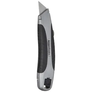 Amazon Basics Soft Grip Retractable Utility Knife with 3 Carbon Steel Blades, Quick Change Blade System, Black/Silver