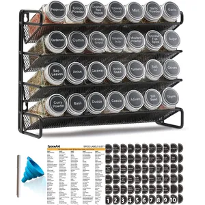 SpaceAid Spice Rack Organizer with 28 Spice Jars, 386 Spice Labels, Chalk Marker and Funnel Set for Cabinet, Countertop, Pantry, Cupboard or Door & Wall Mount - 28 Jars, 13.4" W × 10.8" H, Black