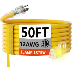 HUANCHAIN 50 FT 12/3 Gauge Heavy Duty Outdoor Extension Cord Waterproof with Lighted end, Flexible Cold-Resistant 3 Prong Electric Cord Outside, 15Amp 1875W 12AWG SJTW, Yellow, ETL
