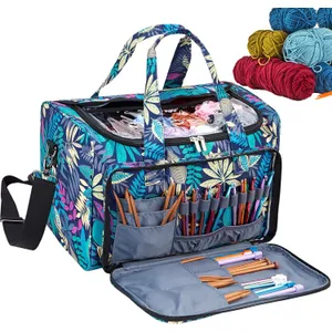 HOMEST XL Yarn Storage Bag, Large Organizer for Crochet Hooks, Needles, Woolen Skeins and Accessories, Knitting Tote with Removable Inner Dividers, Floral