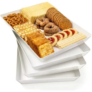 4-Pack Plastic 16" x 11" Large White Serving Trays Set - Reusable Serving Platters for Cookie, Appetizer, Charcuterie, Snack, Dessert, Party Food Display - Stackable Kitchen CounterTop Tray, BPA Free