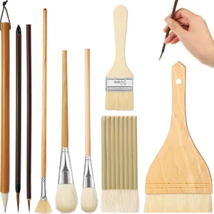 Geelin 9 Pcs Pottery Glaze Brushes Ceramic Brushes Set for Glazing Different Shapes for Pottery Acrylic Watercolor Wool Bristle Art Paintbrush Sets for Painting Artists Rock Adults