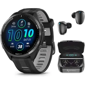 Wearable4U - Garmin Forerunner 965 Premium GPS Running and Triathlon 47mm Smartwatch with AMOLED Touchscreen Display, Carbon Gray DLC Titanium Bezel with Black Silicone Band with Black Earbuds.