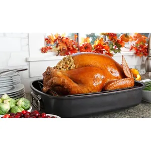 Delux Turkey Roaster Lasagna Pan Set for Roasting Thanksgiving Turkey, Chicken, Meat & Vegetables, with Stainless Steel Turkey Baster Turkey Lifter and Carving Knife n Fork Set