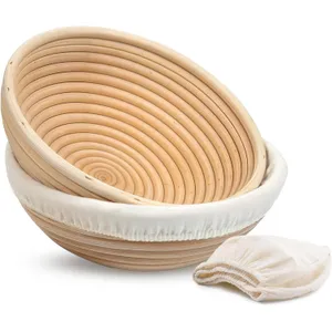 Kook Banneton Bread Proofing Baskets, Artisan Sourdough Bread Making Baskets, 9 Inch Handwoven Rattan Baskets and Cloth Liners, Set of 2, Round