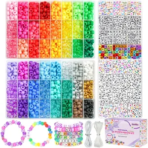 Gionlion 4200Pcs Pony Beads for Bracelet Making Kit, 48 Colors Kandi Beads Bracelet Kit, 2500PCS Rainbow Candy, 1700PCS Friendship Letter Bead with 20 Meter Elastic Strings for Mothers Day Gifts