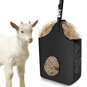 Hay Bag Hanging Goat Feeder Tote Premium Oxford Cloth with Metal Ring and Adjustable Strap for Horses Donkeys Cows Alpacas Ostriches or Other Animals Black