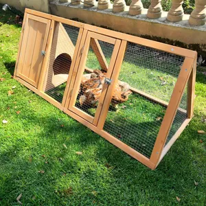 Rabbit Hutch Outdoor Chicken Coop Run A-Frame Bunny Cage Wooden Quail Cage w/ 2 Door & Ventilated Wire Fence Small Animal Cage for Garden Backyard Farms 47 x 18 x 19.5 in