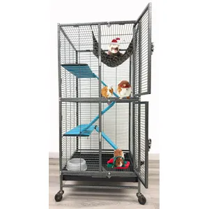 Deluxe Double Unit Two Full Story Durable Front Doors Tight 1/2-inch Wire Spacing Chew-Free Small Animal Critter Home Cage Water Bottle Food Bowl for Feisty Ferret Hammock Rat Mice On Wheels