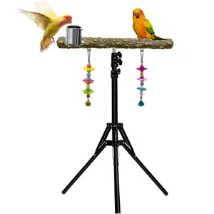 16-63 Inch Height Adjustable Bird Perch Pepper Wood Parrot Training Perch Stand with Feeding Cups and Swing Toy Parakeet Perches Indoor and Outdoor Parrot Stands for Small to Medium Bird