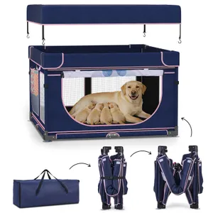 LOOBANI Foldable Whelping Box for Dogs and Puppies: 1 Min Setup Pet Puppy Playpen Indoor with Cover & Waterproof Bottom, Portable Birthing Box for Dog Cat Duck-43.3"x43.3"x27.1"│Patented (Blue+Pink)